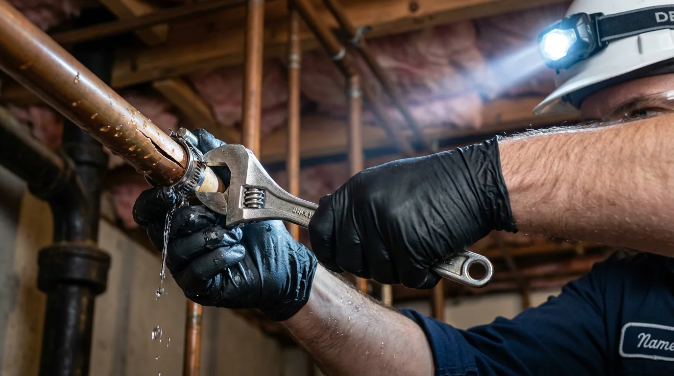 Emergency pipe clamp repair being performed by a Johns Plumbing LLC plumber in Avoca