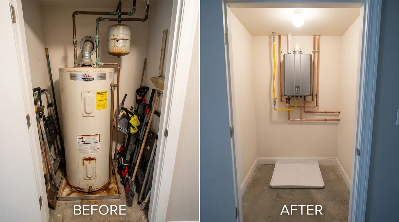 Tank water heater versus wall-mounted tankless unit comparison for Avoca, IA homeowners