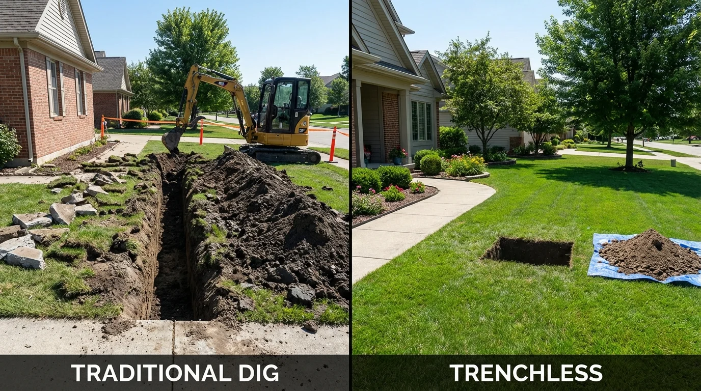 Trenchless sewer repair with minimal yard damage versus traditional excavation in Avoca, IA