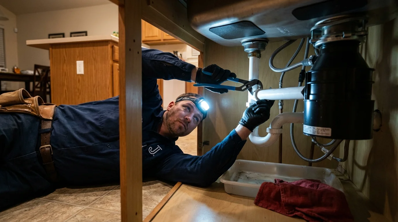 P-trap and supply line connections under a kitchen sink showing a common leak point in Avoca, IA